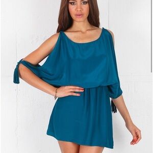 Emerson Thorpe Silk Teal Blue Cold Shoulder Mini Dress Size XS